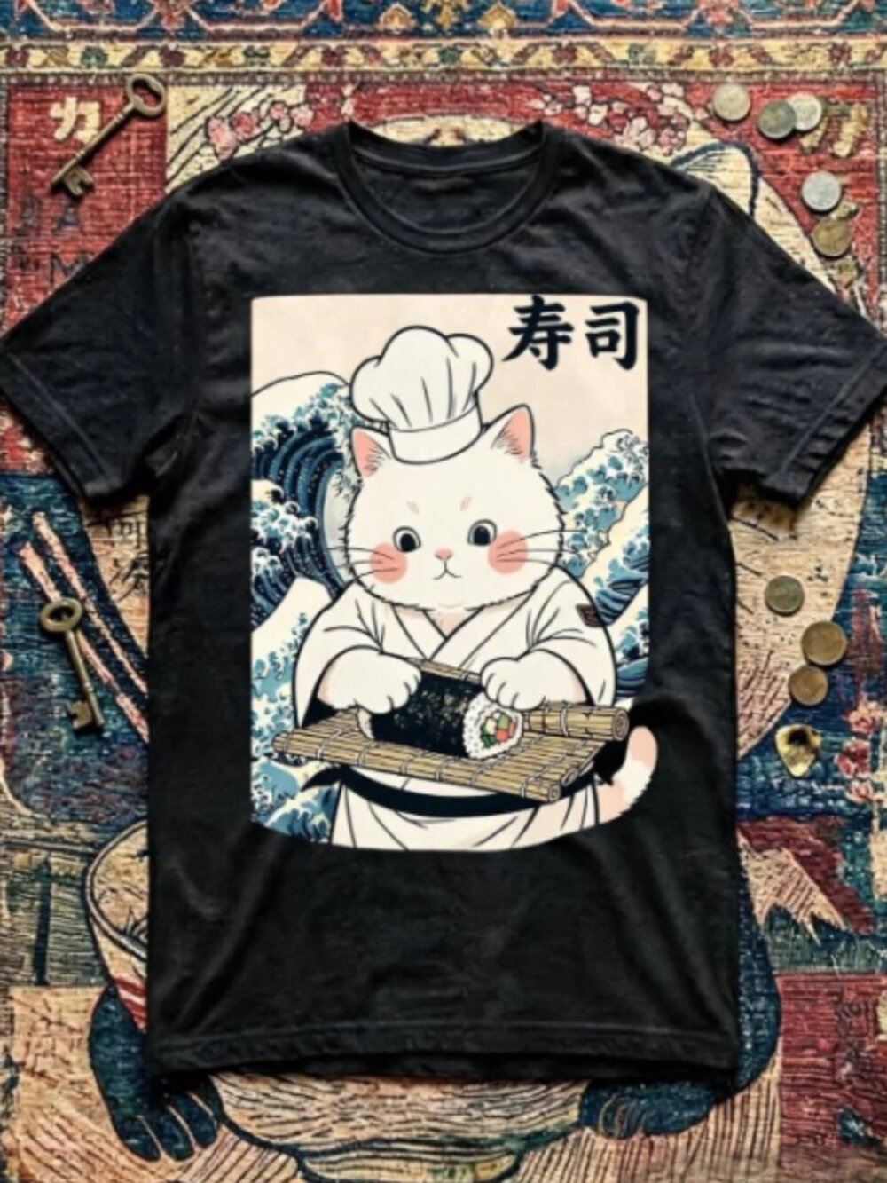 Vintage Japanese Sushi Chef Cat Graphic T-Shirt Unisex Cotton Streetwear Y2K Tee - Picture 1 of 2
